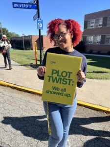 NC A&amp;T student preparing to march to an early voting site in Greemsboro on Oct 22, 2026 (Photo: Lynn Bonner/NC Newsline)