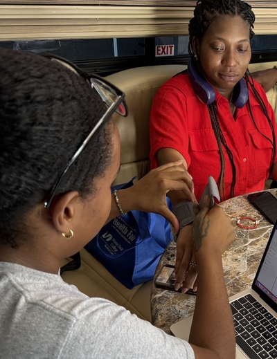 Me’Asia Taylor, pregnant with her first child, is pictured inside the mobile midwifery clinic run by the Southern Birth Justice Network on March 7. (Photo by Nada Hassanein/Stateline)