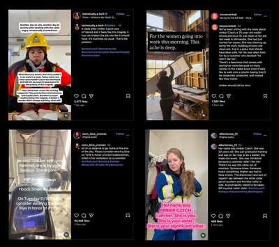 A collage of four Instagram posts from tradeswomen responding to Amber Czech’s death. The posts show women in construction or workshop settings with large blocks of overlaid text expressing grief and solidarity. The comment sections on each post are blacked out.