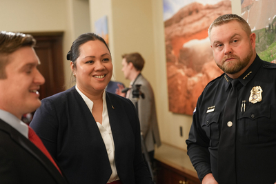 Reps. Tyler Clancy and Verona Mauga are pictured with Ogden Police Chief Jake Sube at the Utah Capitol on Jan. 27, 2026. (Jackson Murphy, Utah House of Representatives)