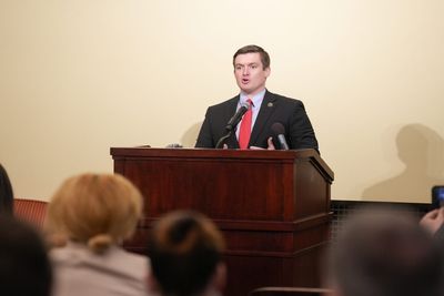 Rep. Tyler Clancy, R-Provo, speaks at a news conference about his bill proposing a new grant program for local police on Jan. 27, 2026. (Jackson Murphy, Utah House of Representatives)