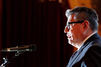 Mayoral candidate Rolando Pablos speaks at a press conference in the Mariachi Bar of Mi Tierra in April.