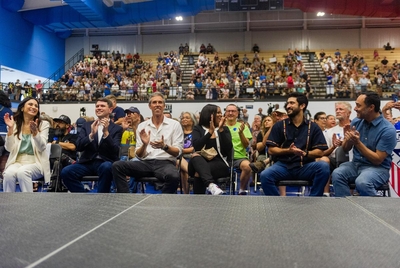 From left to right; Texas Rep. Gina Hinojosa D-Austin, Texas Rep. James Talarico D-Austin, former U.S. Rep. Beto O’Rouke D-El Paso, U.S. Rep. Jasmine Crockett D-Dallas, U.S. Rep Gregorio Casar D-Austin and U.S. Rep Joaquin Castro D-San Antonio are received with applause during a redistricting rally at Delco Activity Center Friday, July 25, 2025 in Austin, Texas.