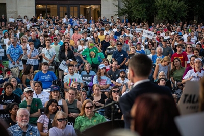 People listen to Texas Rep. James Talarico D-Austin speak during a campaign kick-off rally at Centennial Plaza on Tuesday, Sept. 9, 2025 in Round Rock, Texas.