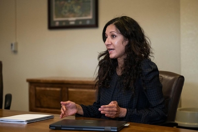Manisha Patel of the Centers for Disease Control and Prevention speaks in the Gaines County Courthouse in Seminole on Sunday, April 6, 2024.