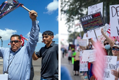 First: A Pro-Trump counter-protester makes his way through the crowd. Second: Demonstrators line the street during the “No Kings” protest, in McAllen, Texas, on June 14, 2025.