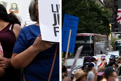 First: Olivia Mendoza, left, and her mother Rachel listen to speakers during the “No Kings” protest at Houston City Hall. Last: People on a double-decker watch as protestors march down McKinney Street. June 14, 2025.