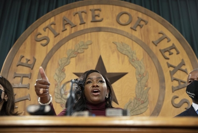 State Rep. Jasmine Felicia Crockett, D-Dallas, speaks at a Texas House Progressive Caucus at the Capitol on Sept. 20, 2021.