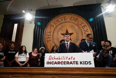 State Rep. James Talarico, D-Round Rock, speaks at a presser to support a bill aimed at closing down juveniles detention centers and reforming the Texas Juvenile Justice Department at the state Capitol on March 9, 2023.