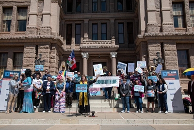 Rev. Erin Walter with Texas Unitarian Universalist Justice Ministry speaks at a rally for LGBTQ+ rights at the capitol during the “All in for Equality Advocacy Day” on Monday, March 24, 2025 in Austin. Over 1000 people from across Texas attended the advocacy day organized by the All In For Equality Coalition, which includes ACLU of Texas, Equality Texas, Lambda Legal, Texas Freedom Network, and Human Rights Campaign.