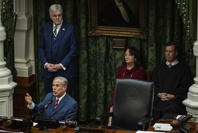 Gov. Greg Abbott delivers and address while welcoming state Senators during opening of the Texas Senate in Austin on Tuesday, Jan. 14, 2025.