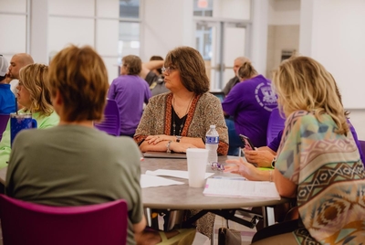 THROCKMORTON, TEXAS — JULY 29, 2025: Gay Hibbitts, 57, educator, center, participates in a safety training at Throckmorton Collegiate ISD in Throckmorton, Texas, on Tuesday, July 29, 2025. Ms. Hibbitts was part of a federally funded educator preparation program serving about 30 participants across 11 rural Texas districts. The funding, which covered two years of college and training costs, was cut on April 25 under the Trump and Elon Musk DOGE initiative, leaving her uncertain about her future. She is pur