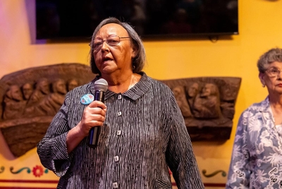 Rosie Castro shares remarks about her sons Julián and Joaquin Castro during their 50th birthday celebration Monday at Casa Hernán in San Antonio on Sept. 16, 2024