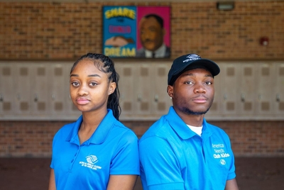 Boys &amp; Girls Club members Na’Siah Martin, 18, and H’Sanii Blankenship, 17, (left to right) at Navarro Early College High School in Austin, Texas on July 22, 2025. Photo by Montinique Monroe for the Texas Tribune