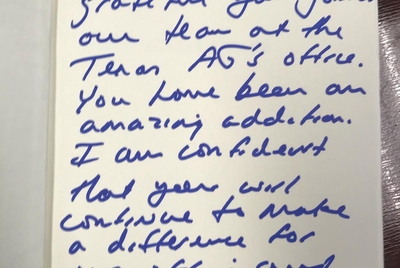 A note from Texas Attorney General Ken Paxton to former aide Blake Brickman.