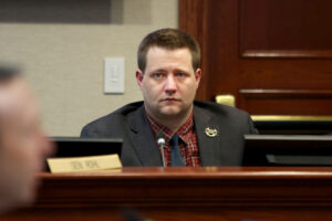 Sen. Michael Rohl, R-Aberdeen, listens to testimony during a Senate Judiciary Committee meeting on Jan. 16, 2024. (Makenzie Huber/South Dakota Searchlight)