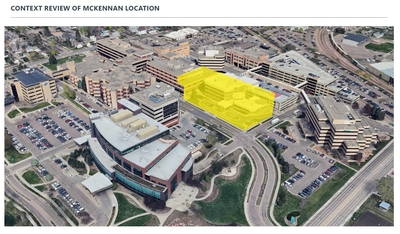 The yellow highlighted section on the aerial picture of the Avera McKennan hospital campus is where the new women's and children's services building will be located. (Courtesy of Avera Health)