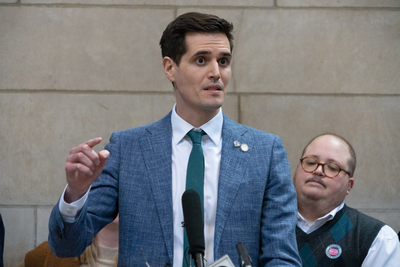 John Fredrickson speaks at an LGBTQ rally