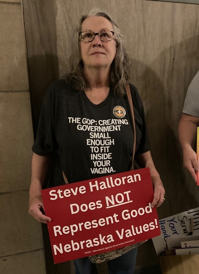 Trish Petersen of Lincoln was among those attending Thursday's hearing to support a censure of Halloran. (Paul Hammel/Nebraska Examiner)