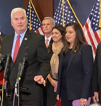 U.S. Rep. Tom Emmer, a Minnesota Republican, speaks at a press conference after he was elected as whip, the No. 3 leadership position, by the House GOP, on Nov. 15, 2022. (Jennifer Shutt/States Newsroom)