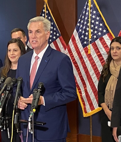 U.S. Rep. Kevin McCarthy, a California Republican, speaks at a press conference at the U.S. Capitol after he was nominated for speaker of the House by members of the House GOP, on Nov. 15, 2022. (Photo by Jennifer Shutt/States Newsroom)