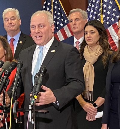 Louisiana Rep. Steve Scalise, who will become majority leader if Republicans take control of the U.S. House next Congress, talks with reporters after the House GOP held its leadership elections on Tuesday, Nov. 15, 2022. (Jennifer Shutt/States Newsroom)