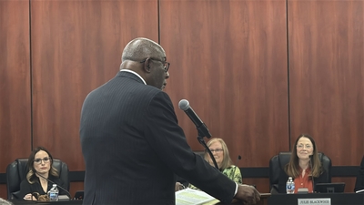 Wendell Griffen, the Democratic nominee for Pulaski County judge, speaks to the quorum court on proposed data center regulations as the proposals sponsor, Justice of the Peace Julie Blackwood, listens on May 12, 2026.