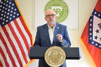 Finance Secretary Jim Hudson announces the launch of the MyArkansas app at the Springdale Revenue Office on Oct. 8, 2026.
