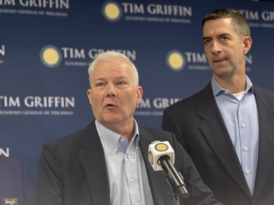 Attorney General Tim Griffin and U.S. Sen. Tom Cotton at a press conference in Little Rock, Arkansas on Oct. 28, 2026.
