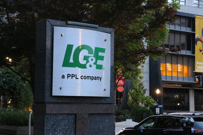 A sign showing "LG&amp;E, a PPL company" in downtown Louisville.