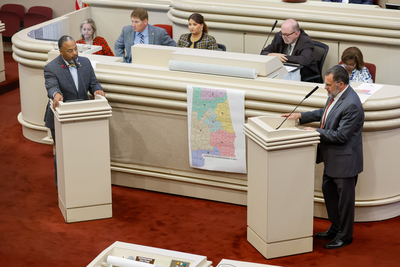 Two men at a podium