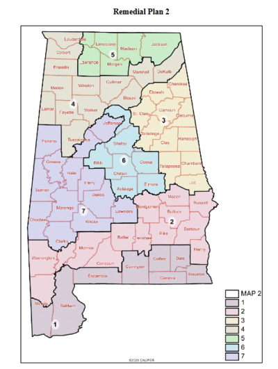 A map of Alabama's congressional districts.