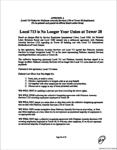 A slightly blurry photocopied-looking notice stating "Local 713 is No Longer Your Union at Tower 28."