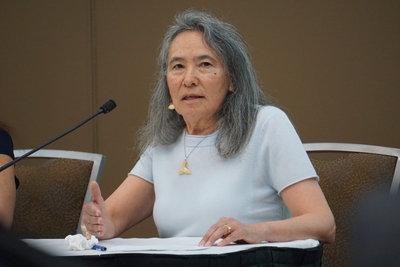 Dalee Sambo Dorough discusses climate-change impacts to Inuit people across borders at a panel discussion on June 14. Dorough is completing a four-year term as international chair of the Inuit Circumpolar Council, a group representing Indigenous people in four nations. She spoke at the National Congress of American Indians midyear conference in Anchorage. (Photo by Yereth Rosen/Alaska Beacon)