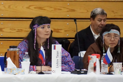 Liubov Taian, head of the Inuit Circumpolar Council's Chukotka delegation, listens to proceedings at the ICC's general assembly in Utqiagvik in July of 2018. Despite international tensions over Russia's invasion of Ukraine, she and other Chukotka officials have continued to communicate with their ICC counterparts in Alaska and elsewhere. (Photo by Yereth Rosen/Alaska Beacon)