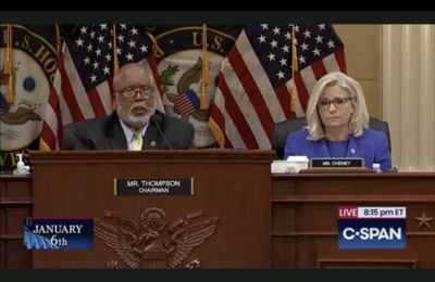House Select Committee Investigating the Jan. 6th Attack on the U.S. Capitol Chair Bennie Thompson and Vice Chair Liz Cheney attend a committee meeting on June 9, 2022. (C-SPAN screenshot)