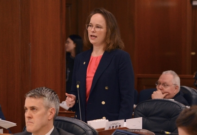 Rep. Sarah Vance, R-Homer, speaks Friday, April 26, 2024, on the floor of the Alaska House of Representatives. (Photo by James Brooks/Alaska Beacon)