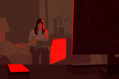 Illustration of a mother cradling and feeding her baby alone in a dark room at night. A glowing phone and bright red digital light are seen in the foreground.