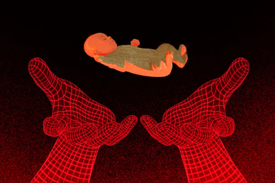 Surreal illustration of a sleeping newborn suspended above two outstretched hands of glowing red digital wireframes that evoke the systems and forces surrounding a child's care.