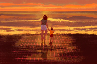 Illustration of a woman and young child holding hands at the edge of the ocean at sunset in warm orange and red tones with a glowing grid beneath their feet.