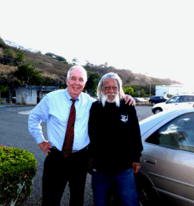 Bob Merce with Delbert Wakinekona on Oct. 28, 2011, the day he was released from Hālawa Correctional Facility after serving more than 40 years in prison. Wakinekona was suffering from liver disease, and died about two years later.