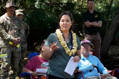 U.S. Rep. Jill Tokuda speaks during the Waiaanae Moku Kupuna Council’s huaka’i (excursion) at Makua Military Reservation Thursday, April 25, 2024, in Waianae. This is aimed to give a first person orientation for key participants and community members. (Kevin Fujii/Civil Beat/2024)