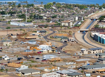 Aerial shot of Komo Mai Street two-years after the 2023 Maui fire
