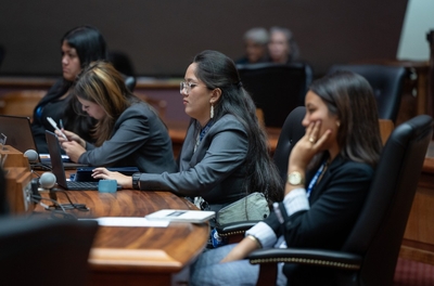 Student delegates to 'Aha 'Opio listen to speakers at the Capitol June 22, 2026. From right are Aubree K-aloha, Kala'e Jao, Wehena Hussey-Townsend and Naomi Helenihi. (Craig Fujii/Civil Beat/2026)