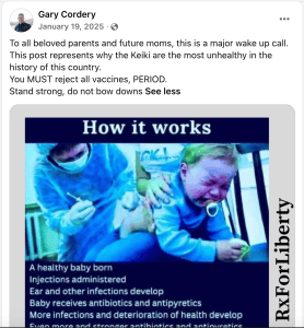 A Facebook post from Gary Cordery opposing childhood vaccinations. Cordery was director of the Aloha Freedom Coalition staged protests during the pandemic when the AFC staged demonstrations opposing lockdowns, school closures and vaccine mandates. Screenshot/2025