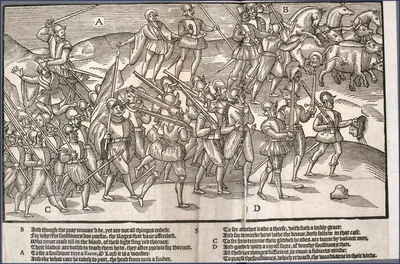 A black and white illustration of soldiers carrying weapons and severed heads, and leading a few captives.