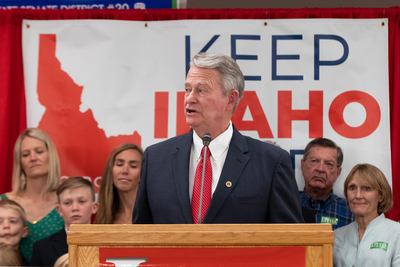 Idaho Gov. Brad Little gives a speech during the Idaho Republican Party primary celebration