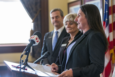 Idaho House Minority Leader Ilana Rubel, D-Boise, (center) leads an Idaho Democratic Caucus press conference