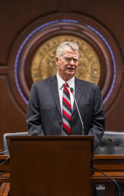 Idaho Gov. Brad Little gives a press conference after delivering his annual State of the State address