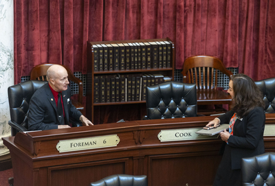 Idaho state Sen. Dan Foreman, R-Moscow, works from the Senate floor